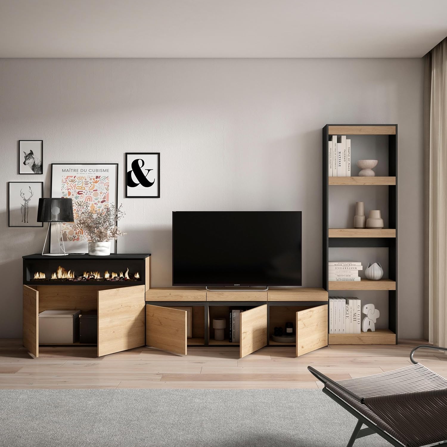 Skraut Home | TV Stand Set | Complete Living Room Furniture | 310x186x35cm | for TVs up to 65" | Electric fireplace | Modern Style | Oak and Black