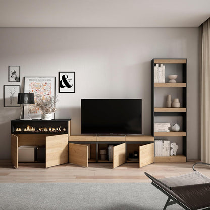 Skraut Home | TV Stand Set | Complete Living Room Furniture | 310x186x35cm | for TVs up to 65" | Electric fireplace | Modern Style | Oak and Black