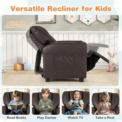 Kids Recliner Chair with Cup Holder & Side Pocket, Adjustable Toddler Lounge Sofa, Ergonomic Children Armchairs for Boys Girls Age 3+, 150lbs