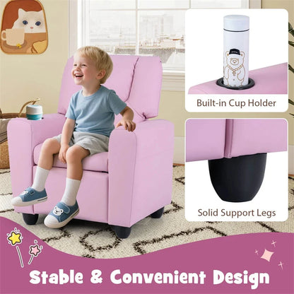 Kids Recliner Chair with Cup Holder & Side Pocket, Adjustable Toddler Lounge Sofa, Ergonomic Children Armchairs for Boys Girls Age 3+, 150lbs
