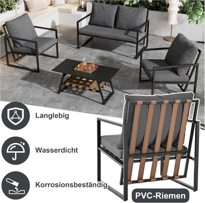 Garden furniture, garden furniture for 4 people, with sofa, coffee table and cushions, removable and washable fabric cover, black (seat cushions included)