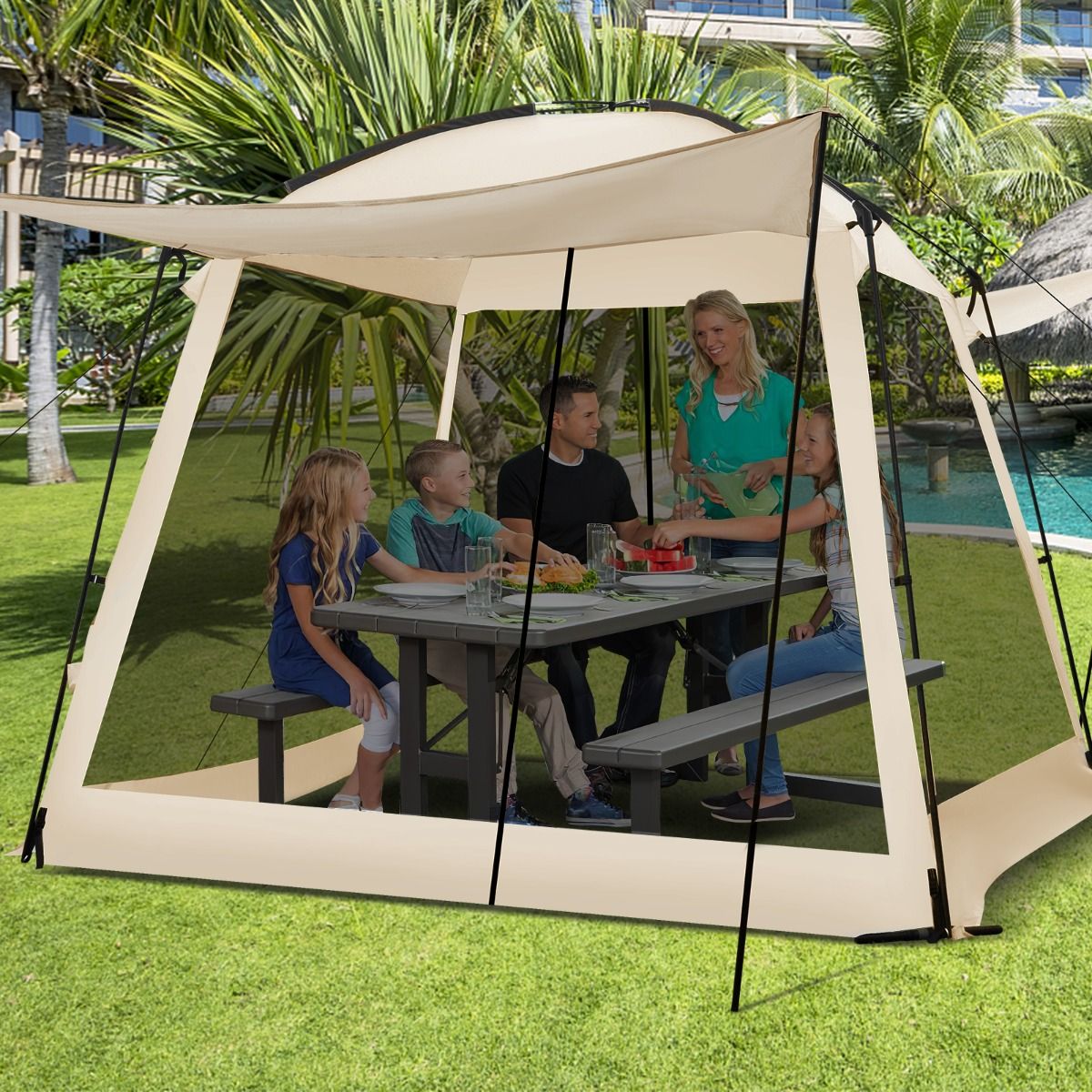 Camping Tent for 8-10 People Dome Tent with Vestibule and Mosquito Net Zippered Door Portable Tent with Carry Bag 300x300x250cm Beige -