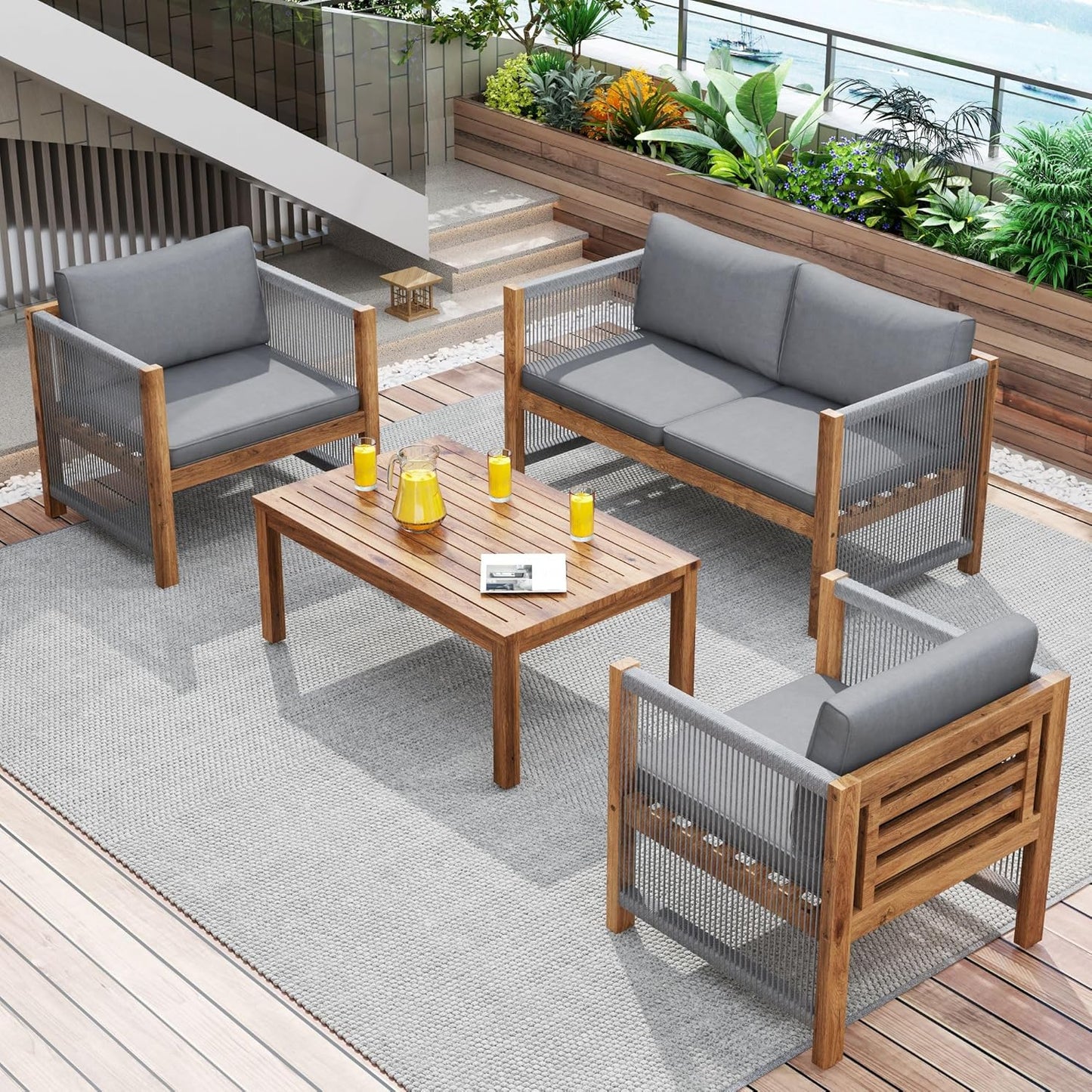 Garden furniture, garden furniture for 4 people, with sofa, coffee table and cushions, removable and washable fabric cover, black (seat cushions included)