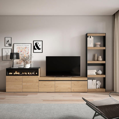 Skraut Home | TV Stand Set | Complete Living Room Furniture | 310x186x35cm | for TVs up to 65" | Electric fireplace | Modern Style | Oak and Black