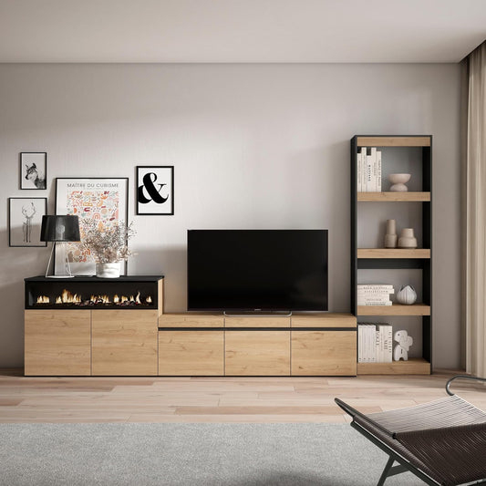 Skraut Home | TV Stand Set | Complete Living Room Furniture | 310x186x35cm | for TVs up to 65" | Electric fireplace | Modern Style | Oak and Black