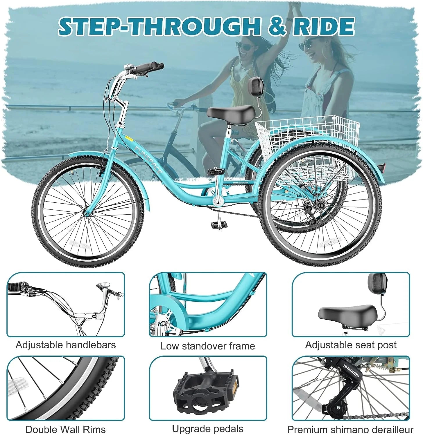 MOONCOOL Adult Tricycles with Rear Basket & Inflator, 24 26 in 7 Speed 3 Wheel Bikes, Three - Product image 142