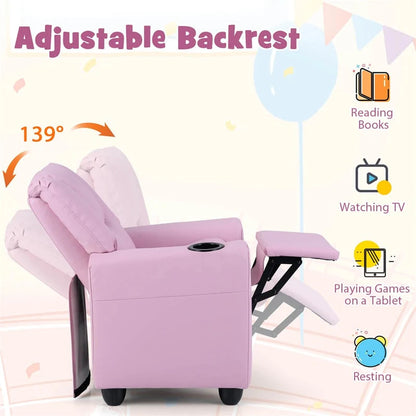 Kids Recliner Chair with Cup Holder & Side Pocket, Adjustable Toddler Lounge Sofa, Ergonomic Children Armchairs for Boys Girls Age 3+, 150lbs