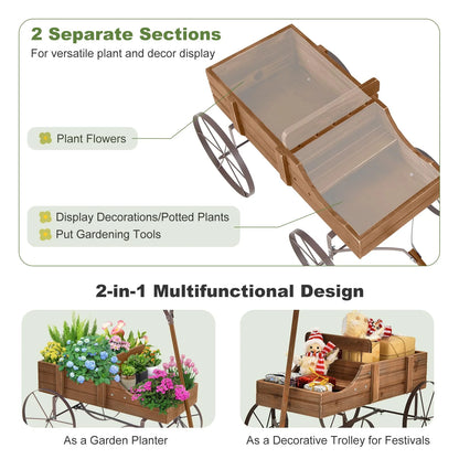 Rustic Wooden Wagon Planter, Decorative Garden Flower Cart with Metal Wheels & Adjustable Handle, Large Raised Bed Plant Stand for Patio Yard