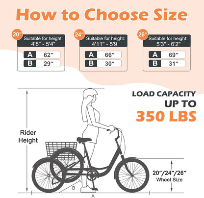 MOONCOOL Adult Tricycles with Rear Basket & Inflator, 24 26 in 7 Speed 3 Wheel Bikes, Three - Product image 60