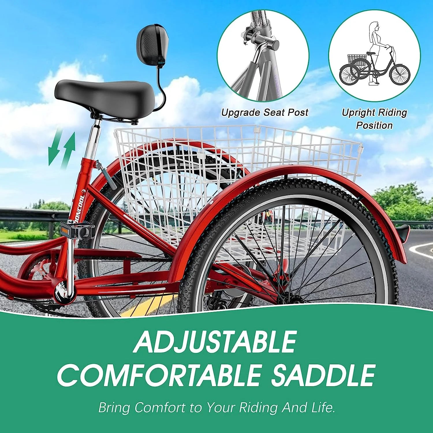 MOONCOOL Adult Tricycles with Rear Basket & Inflator, 24 26 in 7 Speed 3 Wheel Bikes, Three - Product image 24