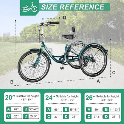 MOONCOOL Adult Tricycles with Rear Basket & Inflator, 24 26 in 7 Speed 3 Wheel Bikes, Three - Product image 94