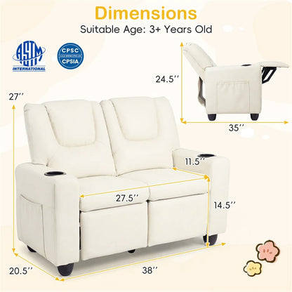 2-Seater Kids Recliner, PU Leather Reclining Loveseat with Cup Holders & 2 Side Storage Pockets - Product image 10