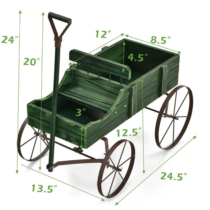 Rustic Wooden Wagon Planter, Decorative Garden Flower Cart with Metal Wheels & Adjustable Handle, Large Raised Bed Plant Stand for Patio Yard
