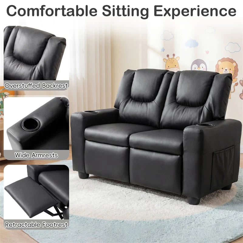 2-Seater Kids Recliner, PU Leather Reclining Loveseat with Cup Holders & 2 Side Storage Pockets - Product image 16