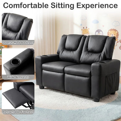 2-Seater Kids Recliner, PU Leather Reclining Loveseat with Cup Holders & 2 Side Storage Pockets - Product image 16
