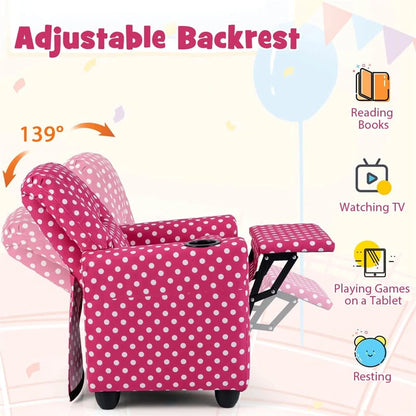 Kids Recliner Chair with Cup Holder & Side Pocket, Adjustable Toddler Lounge Sofa, Ergonomic Children Armchairs for Boys Girls Age 3+, 150lbs