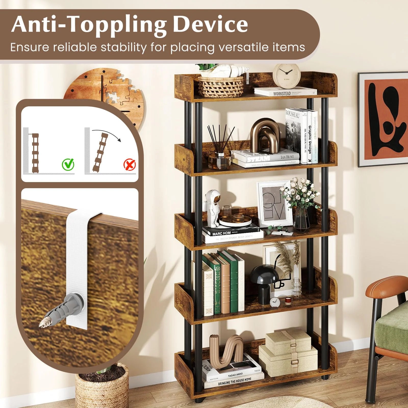 Tangkula 5-Tier Open Bookcase with Industrial Storage Unit - Product image 7