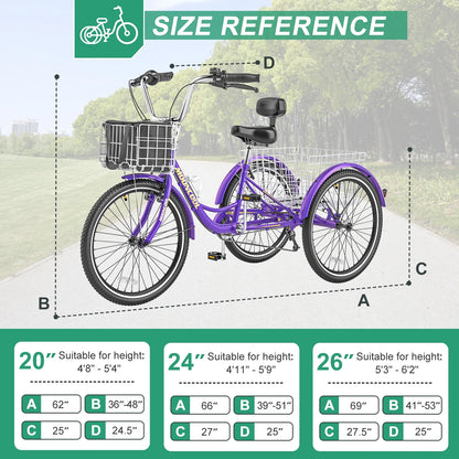 MOONCOOL Adult Tricycles with Rear Basket & Inflator, 24 26 in 7 Speed 3 Wheel Bikes, Three - Product image 123