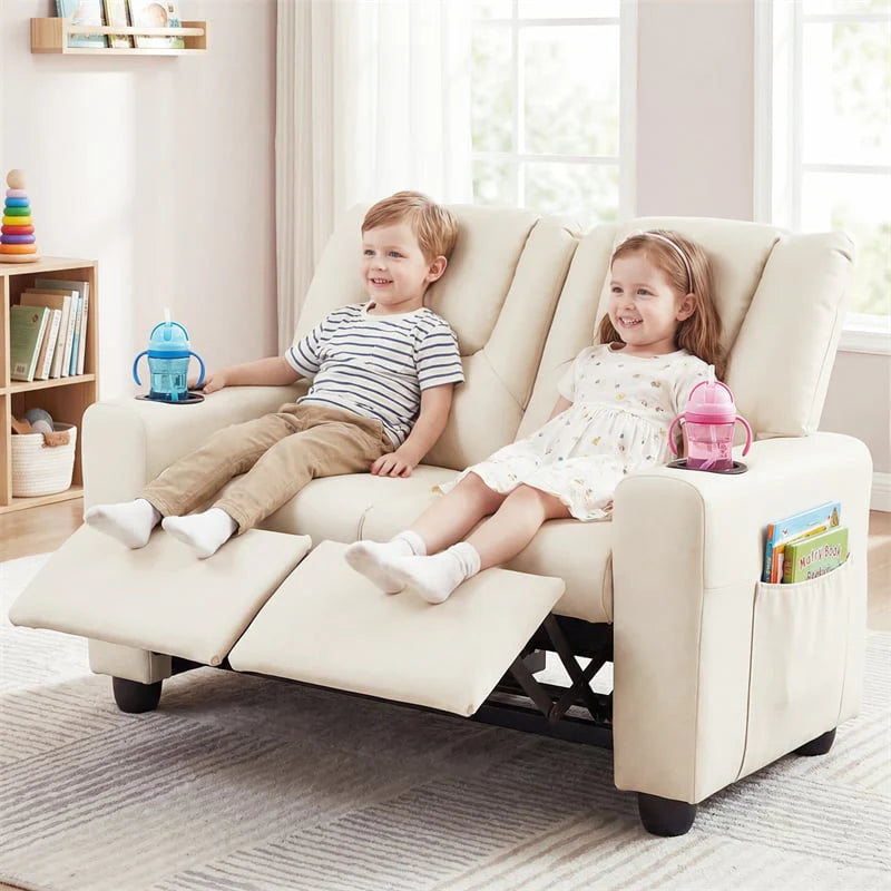 2-Seater Kids Recliner, PU Leather Reclining Loveseat with Cup Holders & 2 Side Storage Pockets - Product image 2