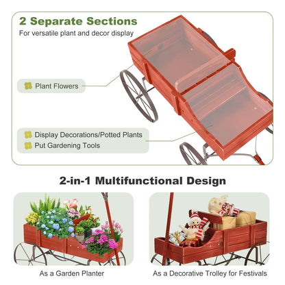 Rustic Wooden Wagon Planter, Decorative Garden Flower Cart with Metal Wheels & Adjustable Handle, Large Raised Bed Plant Stand for Patio Yard