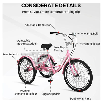 MOONCOOL Adult Tricycles with Rear Basket & Inflator, 24 26 in 7 Speed 3 Wheel Bikes, Three - Product image 116