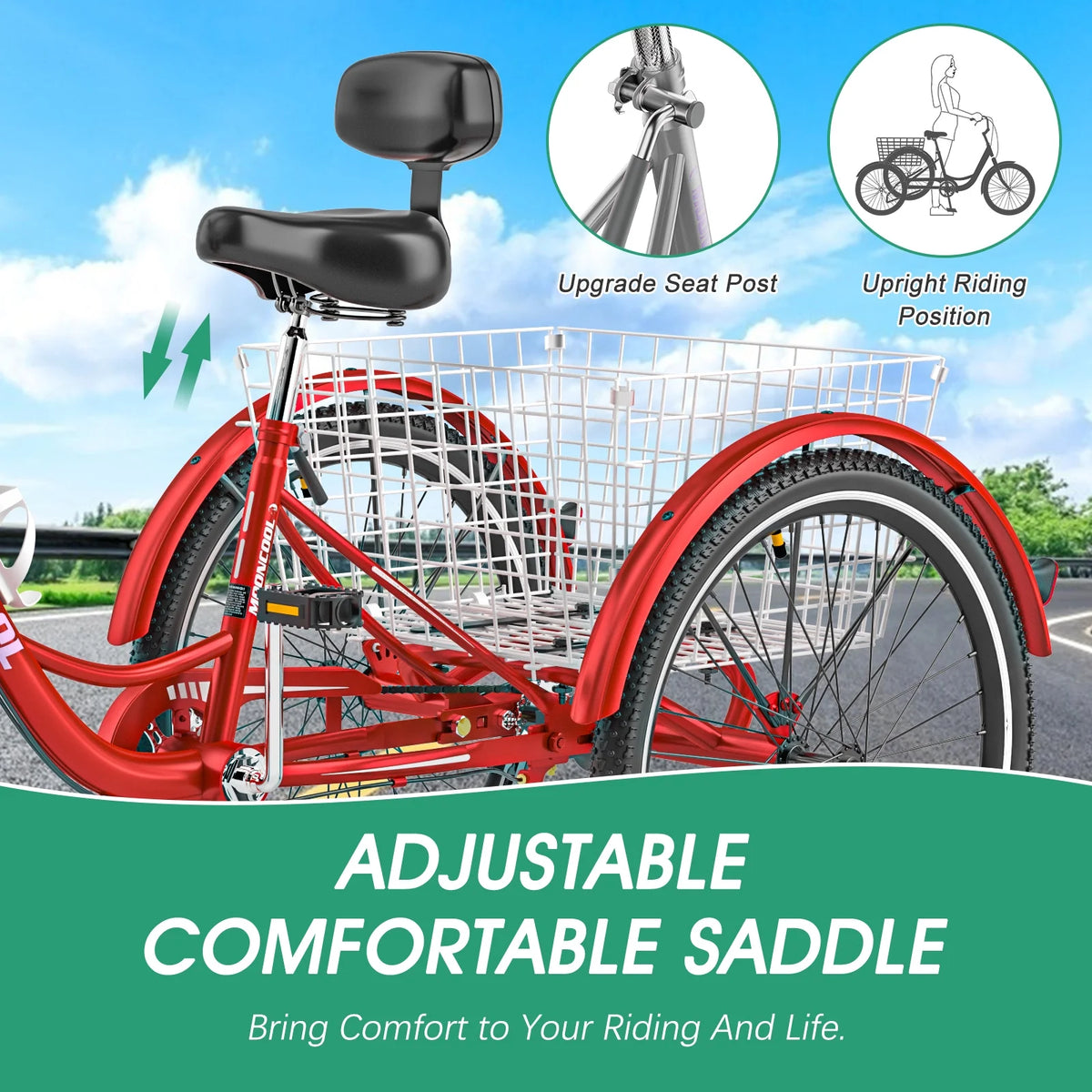 MOONCOOL Adult Tricycles with Rear Basket & Inflator, 24 26 in 7 Speed 3 Wheel Bikes, Three - Product image 163