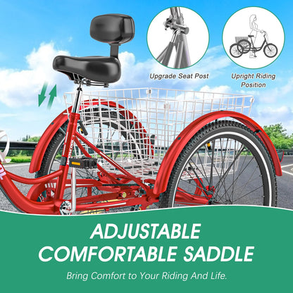 MOONCOOL Adult Tricycles with Rear Basket & Inflator, 24 26 in 7 Speed 3 Wheel Bikes, Three - Product image 163