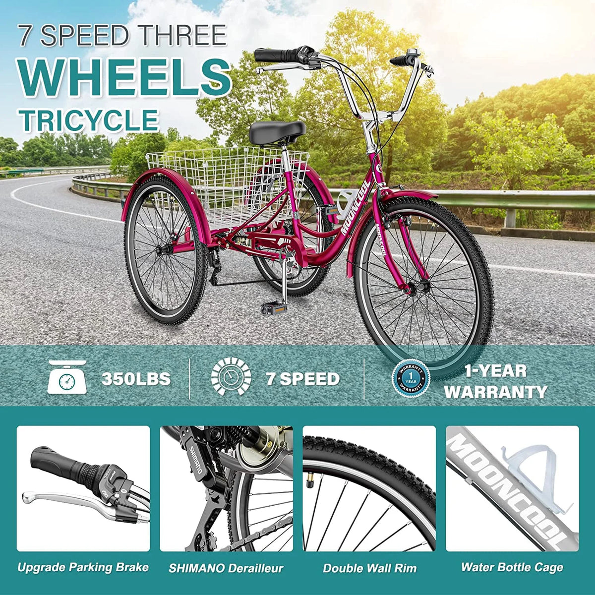 MOONCOOL Adult Tricycles with Rear Basket & Inflator, 24 26 in 7 Speed 3 Wheel Bikes, Three - Product image 64
