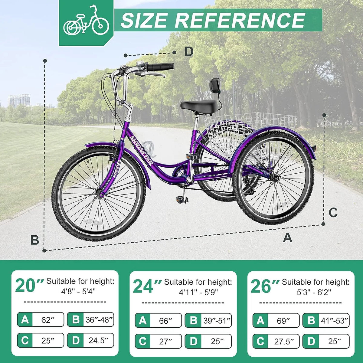MOONCOOL Adult Tricycles with Rear Basket & Inflator, 24 26 in 7 Speed 3 Wheel Bikes, Three - Product image 109