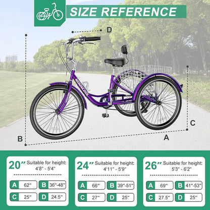 MOONCOOL Adult Tricycles with Rear Basket & Inflator, 24 26 in 7 Speed 3 Wheel Bikes, Three - Product image 109