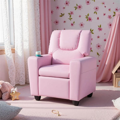Kids Recliner Chair with Cup Holder & Side Pocket, Adjustable Toddler Lounge Sofa, Ergonomic Children Armchairs for Boys Girls Age 3+, 150lbs