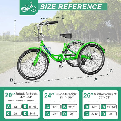 MOONCOOL Adult Tricycles with Rear Basket & Inflator, 24 26 in 7 Speed 3 Wheel Bikes, Three - Product image 42