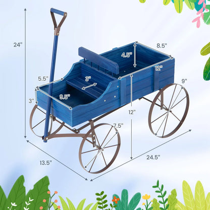 Rustic Wooden Wagon Planter, Decorative Garden Flower Cart with Metal Wheels & Adjustable Handle, Large Raised Bed Plant Stand for Patio Yard