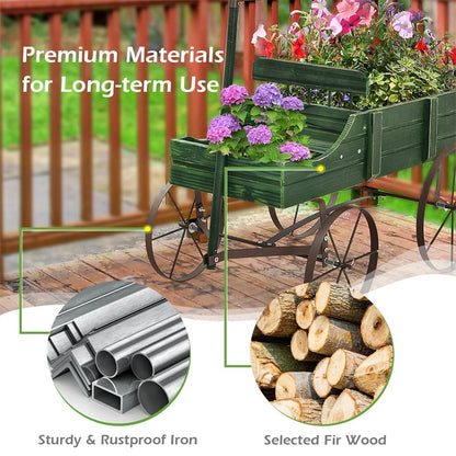 Rustic Wooden Wagon Planter, Decorative Garden Flower Cart with Metal Wheels & Adjustable Handle, Large Raised Bed Plant Stand for Patio Yard
