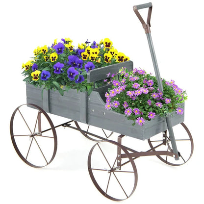 Rustic Wooden Wagon Planter, Decorative Garden Flower Cart with Metal Wheels & Adjustable Handle, Large Raised Bed Plant Stand for Patio Yard