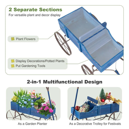 Rustic Wooden Wagon Planter, Decorative Garden Flower Cart with Metal Wheels & Adjustable Handle, Large Raised Bed Plant Stand for Patio Yard