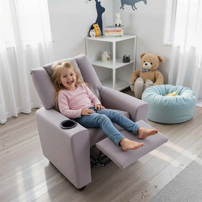 Kids Recliner Chair with Cup Holder & Side Pocket, Adjustable Toddler Lounge Sofa, Ergonomic Children Armchairs for Boys Girls Age 3+, 150lbs