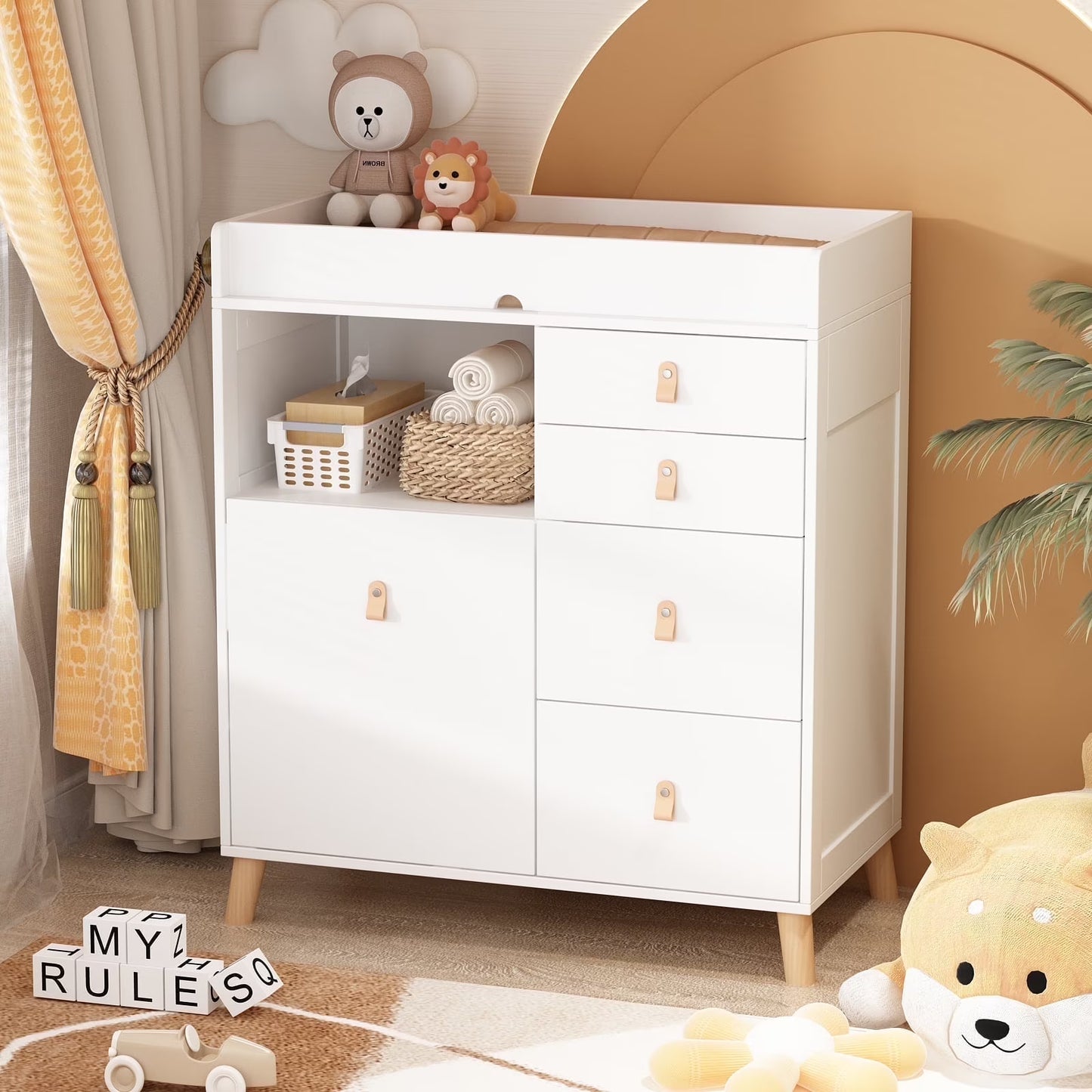 OXYLIFE 45" Baby Nursery Changing Table Dresser with 4 Drawers and Shelf for Nursery Room, White - Product image 15