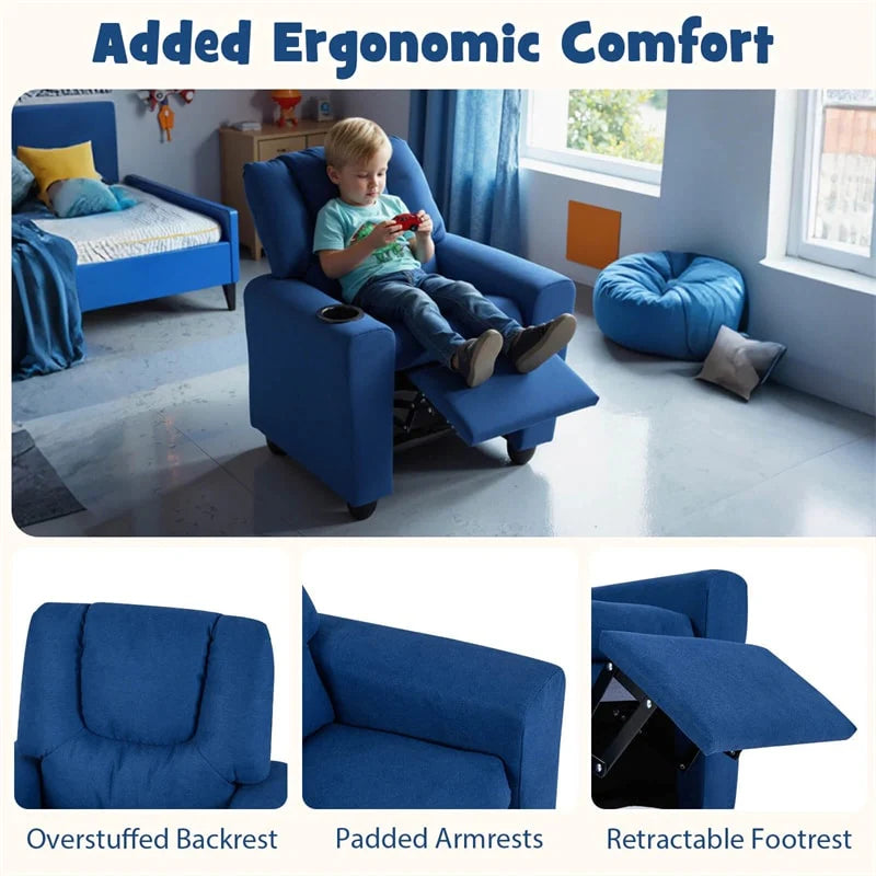 Kids Recliner Chair with Cup Holder & Side Pocket, Adjustable Toddler Lounge Sofa, Ergonomic Children Armchairs for Boys Girls Age 3+, 150lbs