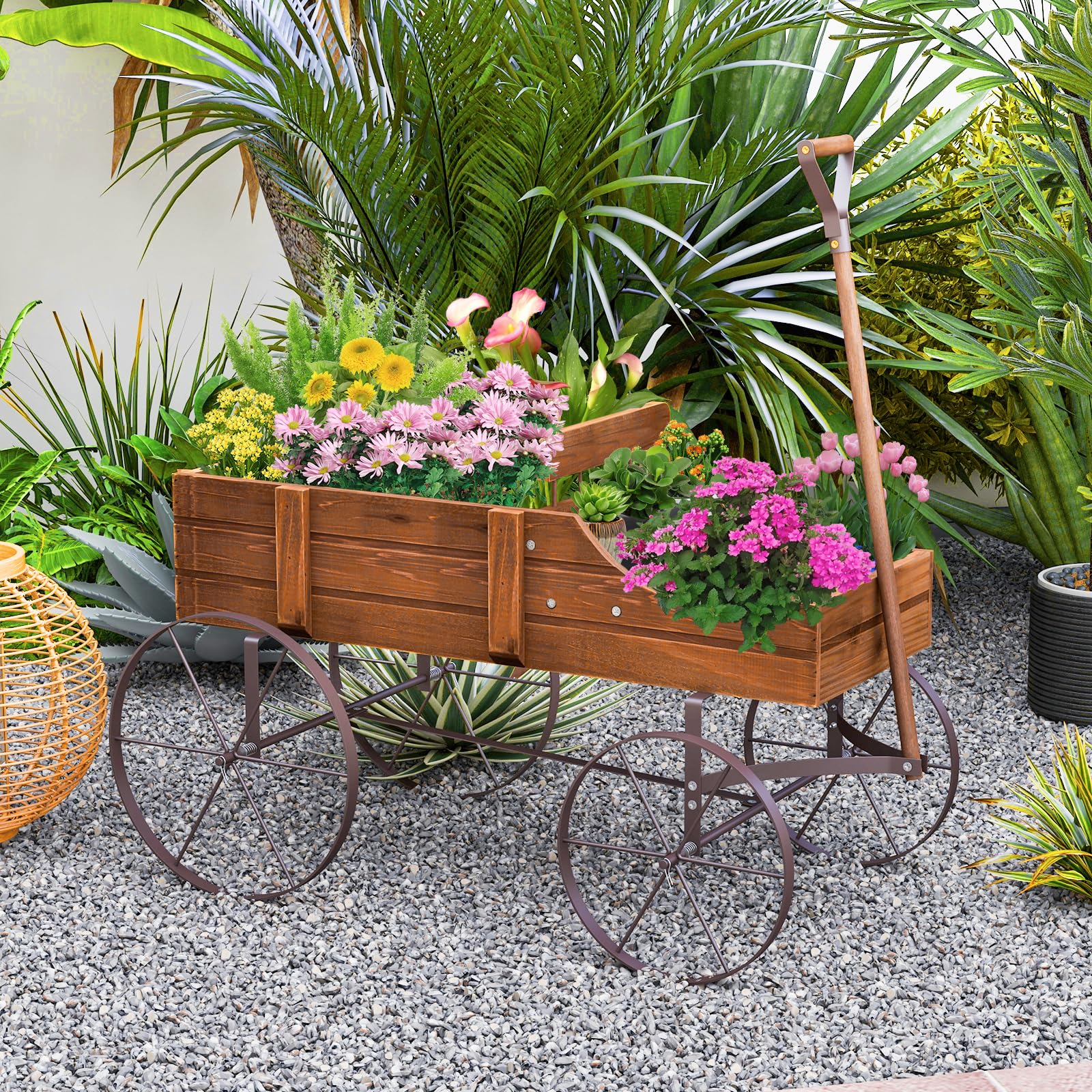 Rustic Wooden Wagon Planter, Decorative Garden Flower Cart with Metal Wheels & Adjustable Handle, Large Raised Bed Plant Stand for Patio Yard