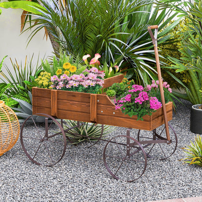 Rustic Wooden Wagon Planter, Decorative Garden Flower Cart with Metal Wheels & Adjustable Handle, Large Raised Bed Plant Stand for Patio Yard