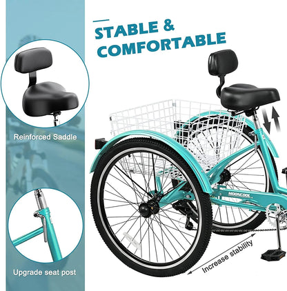 MOONCOOL Adult Tricycles with Rear Basket & Inflator, 24 26 in 7 Speed 3 Wheel Bikes, Three - Product image 147