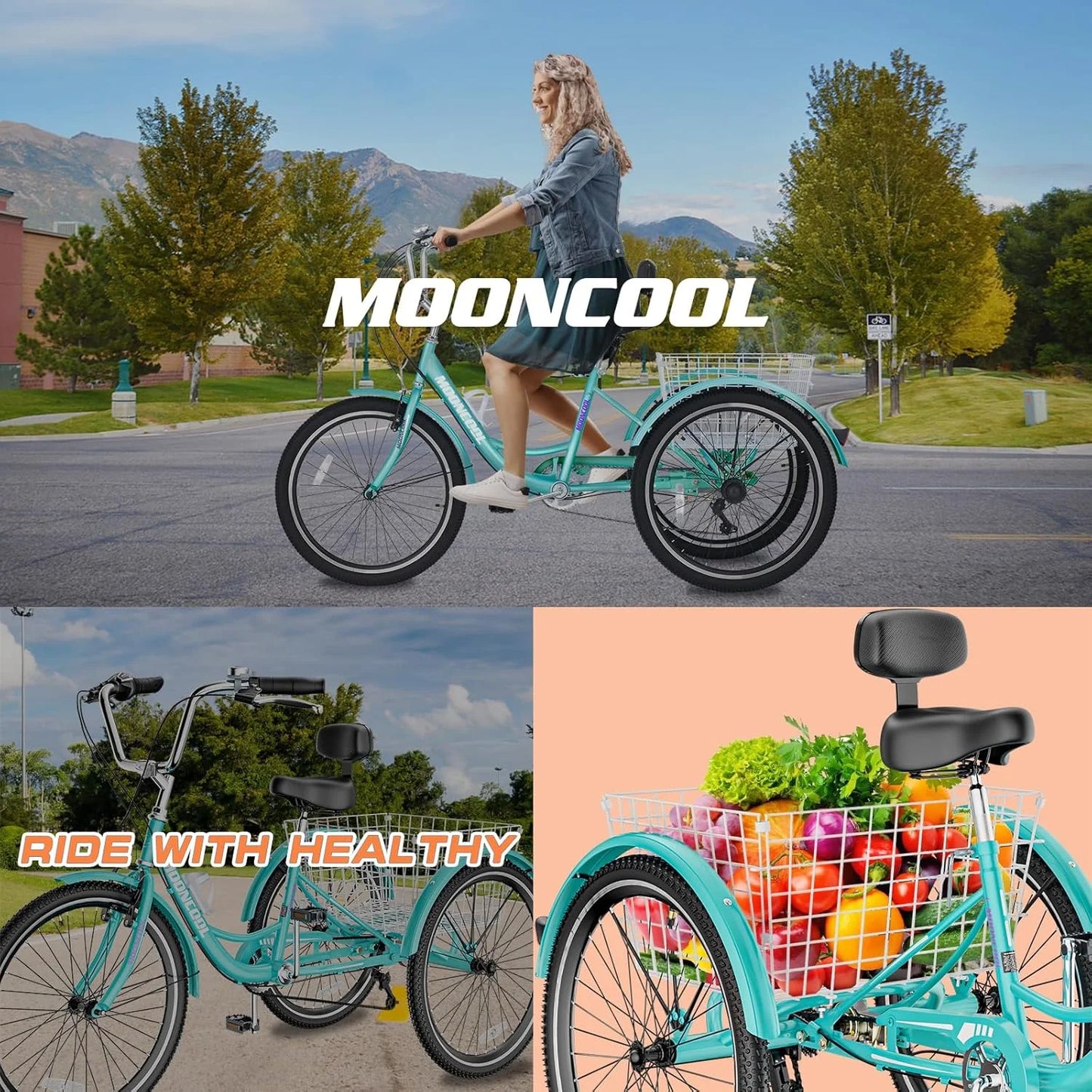 MOONCOOL Adult Tricycles with Rear Basket & Inflator, 24 26 in 7 Speed 3 Wheel Bikes, Three - Product image 61