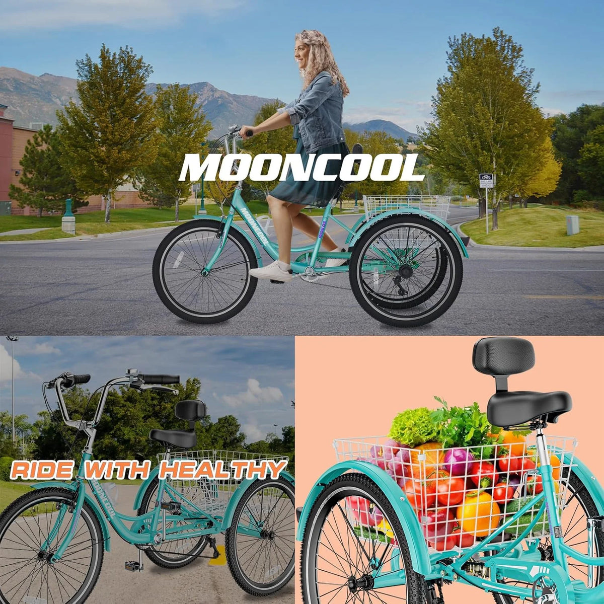 MOONCOOL Adult Tricycles with Rear Basket & Inflator, 24 26 in 7 Speed 3 Wheel Bikes, Three - Product image 61