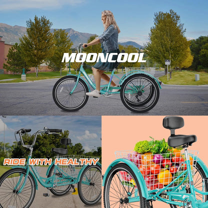 MOONCOOL Adult Tricycles with Rear Basket & Inflator, 24 26 in 7 Speed 3 Wheel Bikes, Three - Product image 61