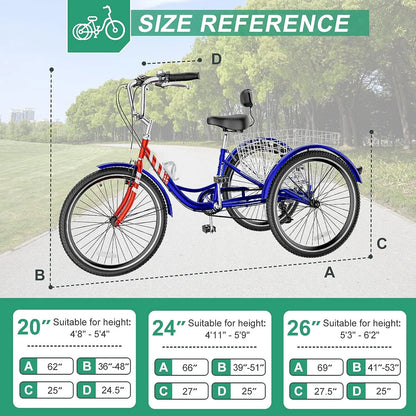 MOONCOOL Adult Tricycles with Rear Basket & Inflator, 24 26 in 7 Speed 3 Wheel Bikes, Three - Product image 133