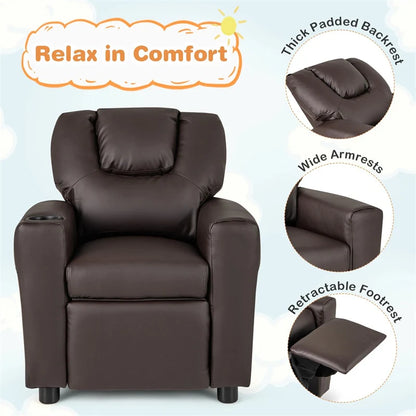 Kids Recliner Chair with Cup Holder & Side Pocket, Adjustable Toddler Lounge Sofa, Ergonomic Children Armchairs for Boys Girls Age 3+, 150lbs